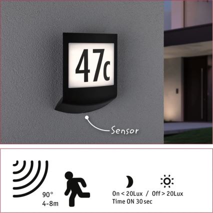 Paulmann 94513 - RGBW LED/8,2W IP44 Dimmelhető házszámtábla mozgás- és alkonyatérzékelővel PADEA 230V antracit