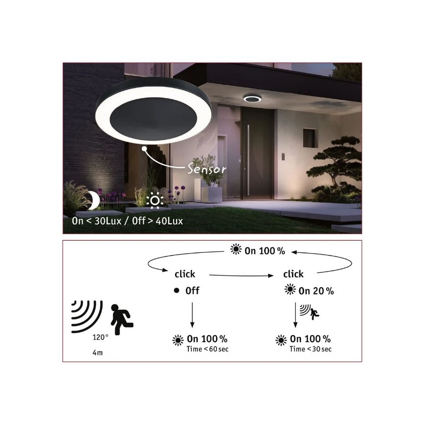 Paulmann 94526 - LED/14W IP44 Kültéri mennyezeti lámpa érzékelővel CIRCULA 230V