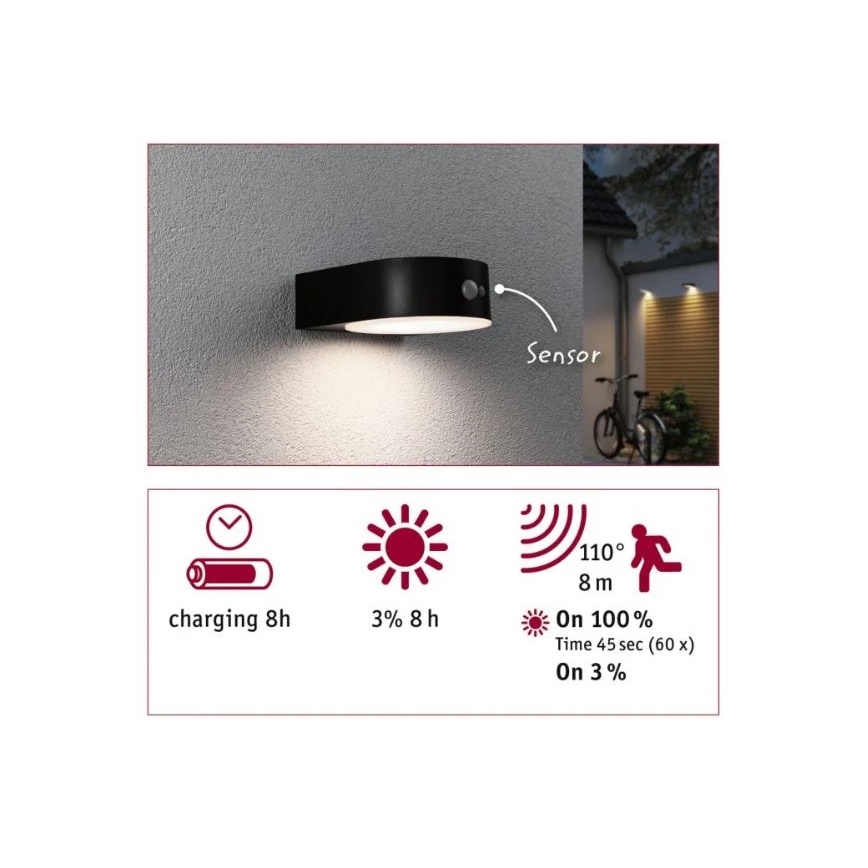 Paulmann 94570 - LED/5,5W IP44 Napelemes érzékelős fali lámpa EILEEN 3,7V 2000 mAh