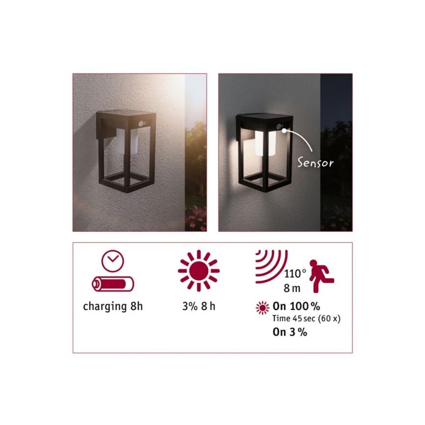 Paulmann 94572 -LED/5,5W IP44 Napelemes érzékelős fali lámpa MARISOL 3,7V 2000 mAh