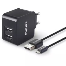 Philips DLP2307U/12 - Töltő 2xUSB/15,5W/230V + vezeték micro USB 1m