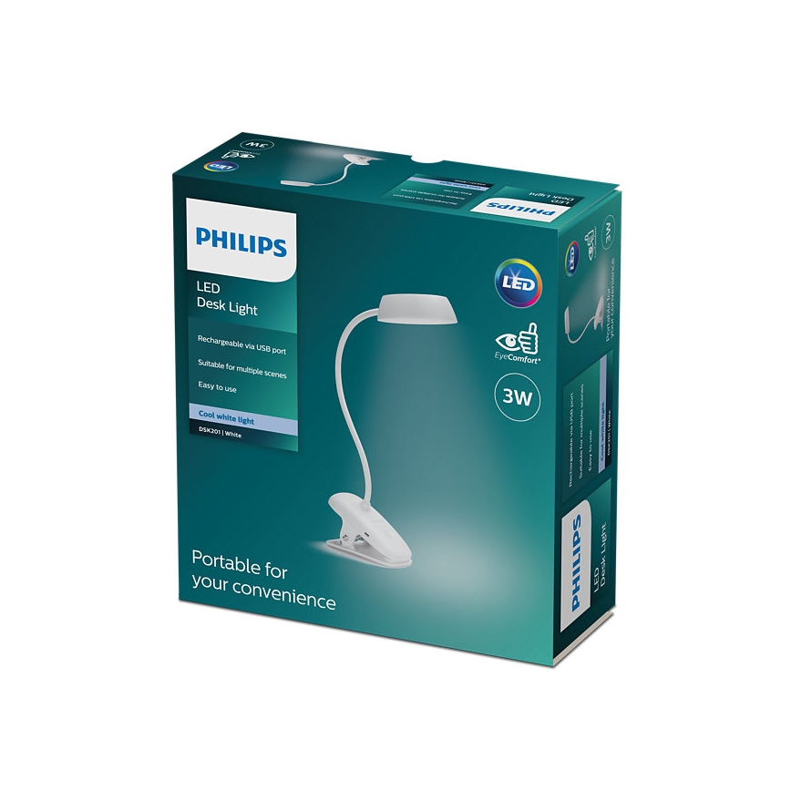 Philips - LED állítható fényerejű csipeszes lámpa DONUTCLIP LED/3W/5V 1200 mAh CRI 90 fehér