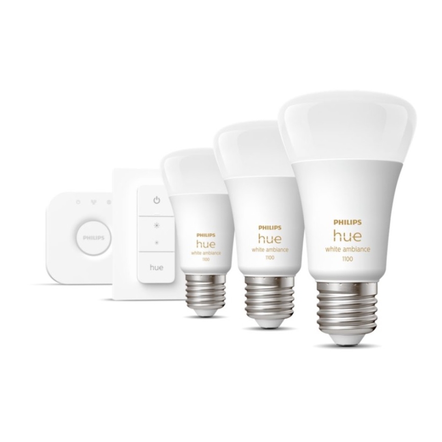 Philips Hue White Ambiance kezdőcsomag 3xE27/11W 2200-6500K + Hue Bridge és fényerőszabályzó kapcsoló