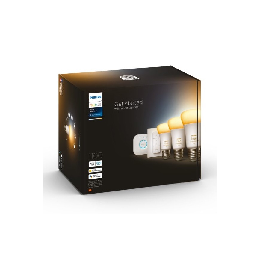 Philips Hue White Ambiance kezdőcsomag 3xE27/11W 2200-6500K + Hue Bridge és fényerőszabályzó kapcsoló