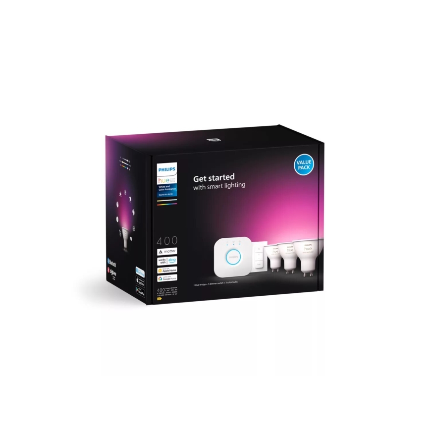 Kezdőcsomag Philips Hue WHITE AND COLOR AMBIANCE 3xGU10/4,2W/230V 2000-6500K + Hue Bridge és Dimmer Switch