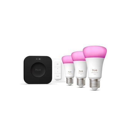 Kezdőkészlet Philips Hue WHITE AND COLOR AMBIANCE 3xE27/8,1W 1000-20000K + Hue Bridge és fényerőszabályozó kapcsoló