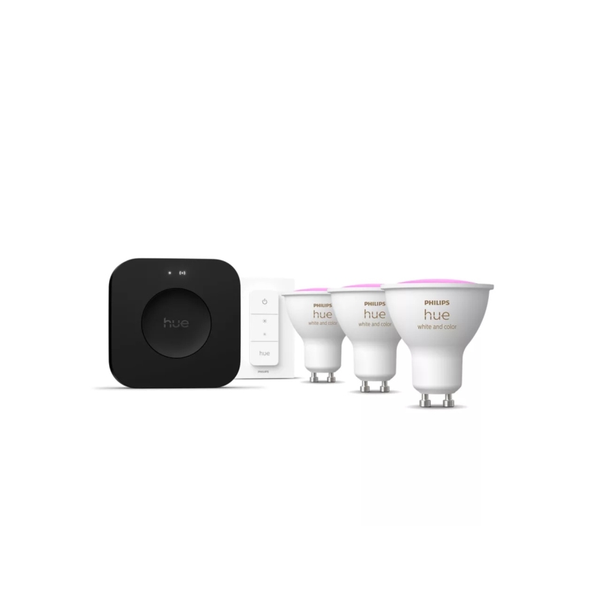 Kezdőcsomag Philips Hue WHITE AND COLOR AMBIANCE 3xGU10/4,2W 2000-6500K + Hue Bridge és dimmer kapcsoló