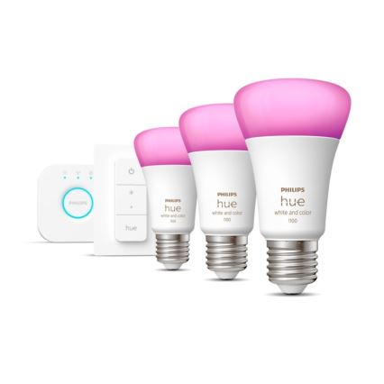 Philips Hue WHITE AND COLOR AMBIANCE alapkészlet 3xE27/9W 2000-6500K + Hue Bridge és fényerőszabályzó kapcsoló