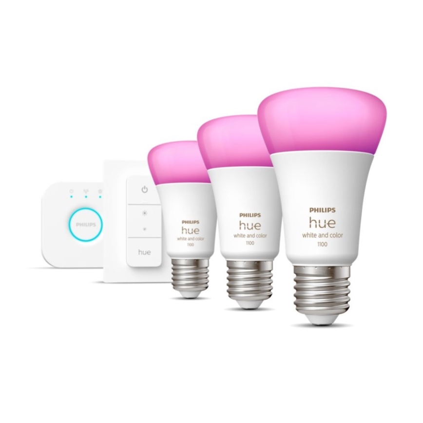 Philips Hue WHITE AND COLOR AMBIANCE alapkészlet 3xE27/9W 2000-6500K + Hue Bridge és fényerőszabályzó kapcsoló
