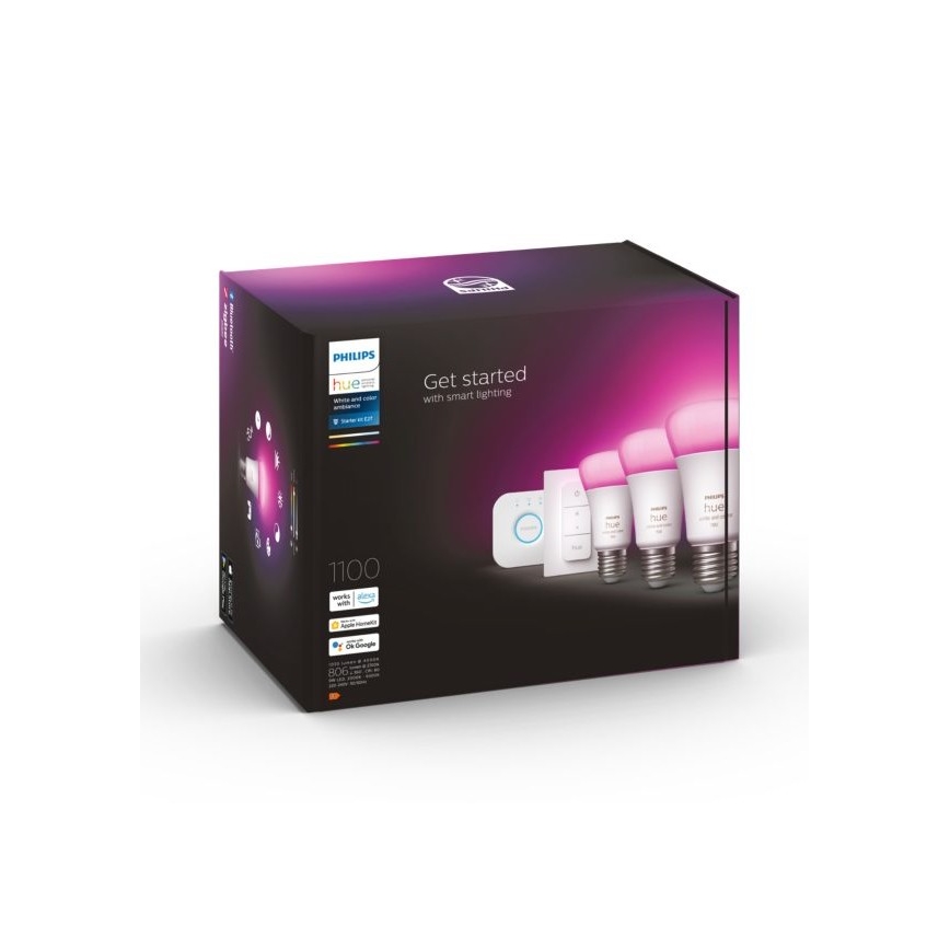 Philips Hue WHITE AND COLOR AMBIANCE alapkészlet 3xE27/9W 2000-6500K + Hue Bridge és fényerőszabályzó kapcsoló