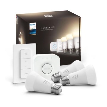 Philips Hue WHITE alapcsomag 3×E27/9,5 W 2700 K + Hue Bridge és dimmer kapcsoló