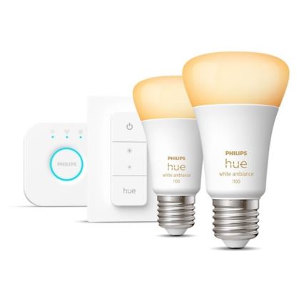 Philips Hue WHITE AMBIANCE alapkészlet 2×E27/8W/230V + Hue Bridge és fényerőszabályzó kapcsoló