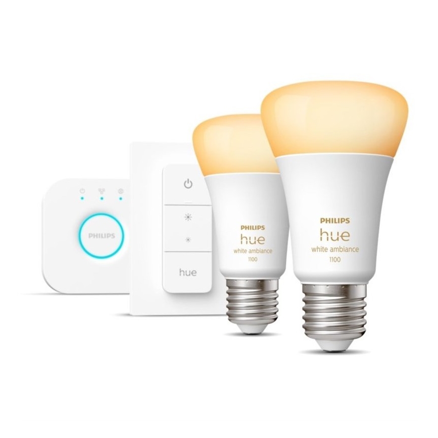 Philips Hue WHITE AMBIANCE alapkészlet 2×E27/8W/230V + Hue Bridge és fényerőszabályzó kapcsoló
