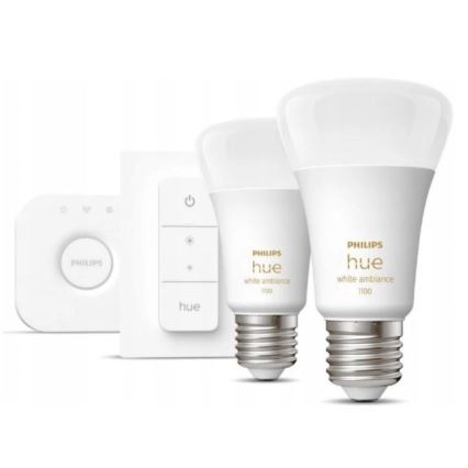 Philips Hue WHITE AMBIANCE alapkészlet 2×E27/8W/230V + Hue Bridge és fényerőszabályzó kapcsoló