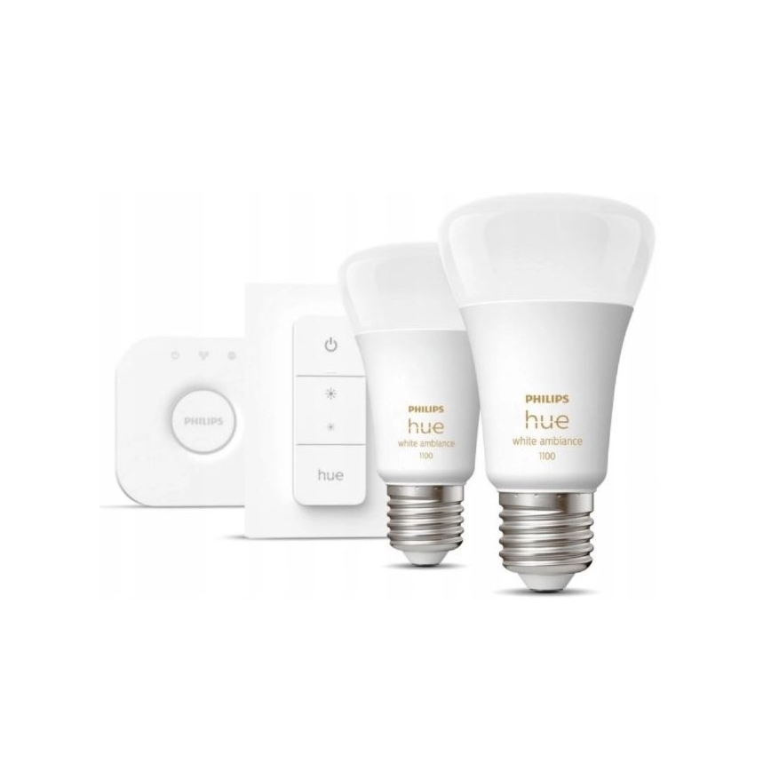 Philips Hue WHITE AMBIANCE alapkészlet 2×E27/8W/230V + Hue Bridge és fényerőszabályzó kapcsoló