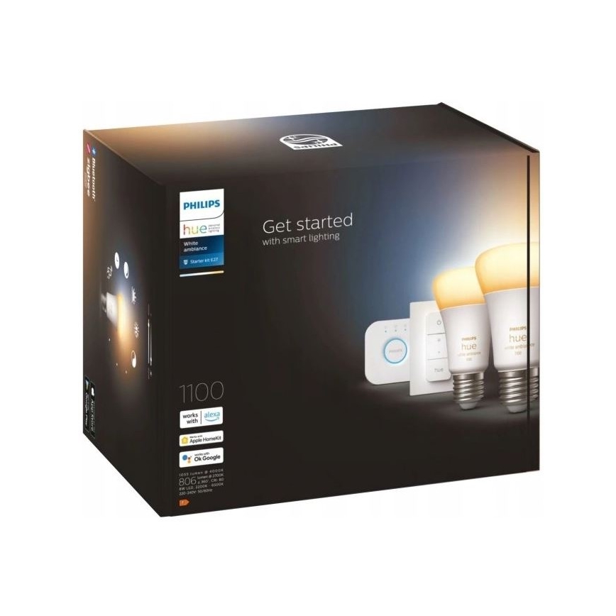Philips Hue WHITE AMBIANCE alapkészlet 2×E27/8W/230V + Hue Bridge és fényerőszabályzó kapcsoló