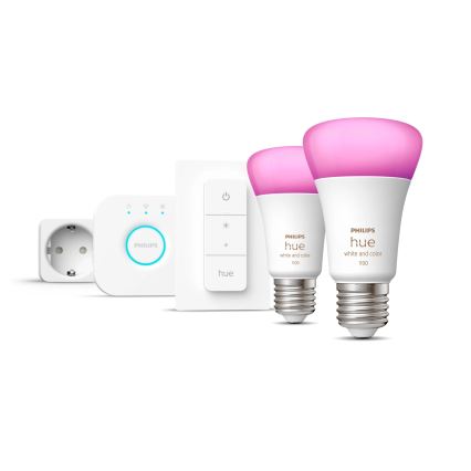 Kezdőkészlet Philips Hue WHITE AND COLOR AMBIANCE 2xE27/9W/230V 2200-6500K + okos konnektor, Hue Bridge és fényerőszabályzó kapcsoló