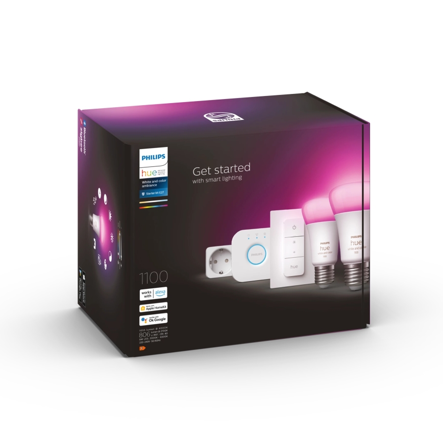 Kezdőkészlet Philips Hue WHITE AND COLOR AMBIANCE 2xE27/9W/230V 2200-6500K + okos konnektor, Hue Bridge és fényerőszabályzó kapcsoló