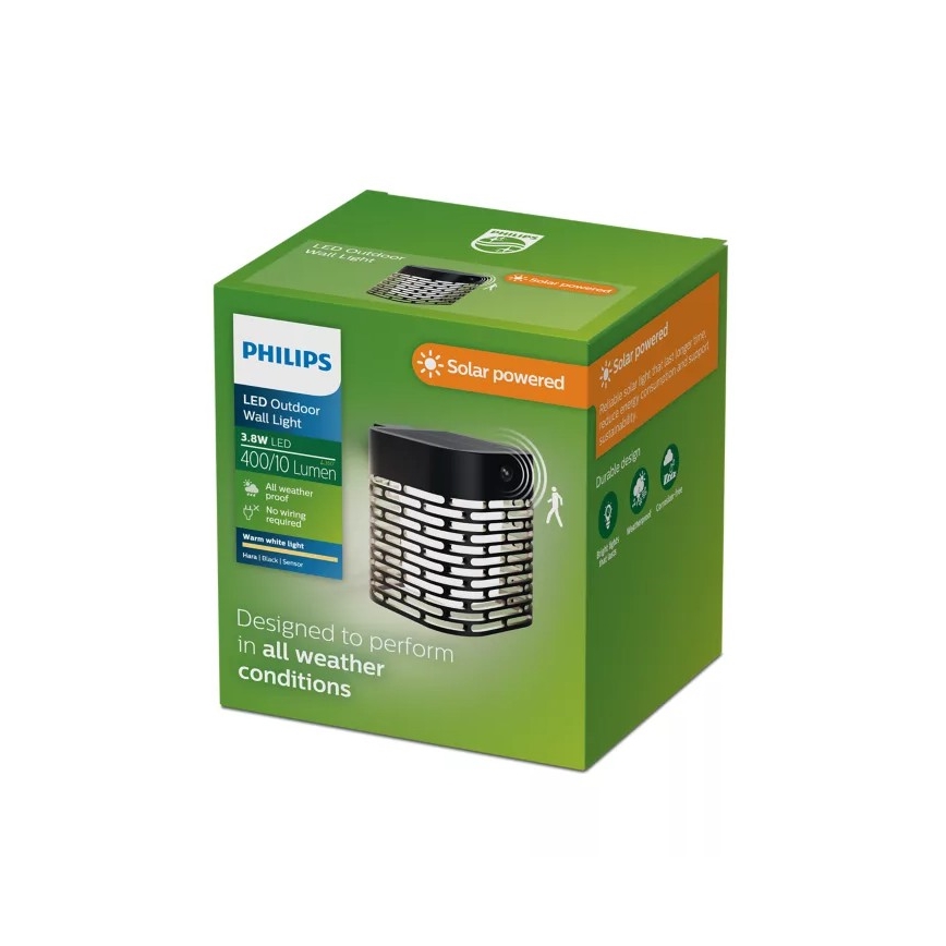 Philips - HARA LED napelemes fali lámpa érzékelővel, 3,8W/3,7V, 800 mAh, 2700K, IP44, fekete