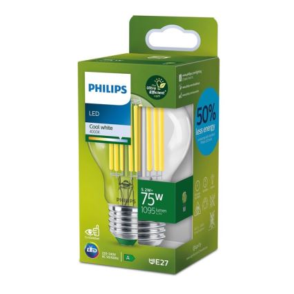 Philips LED-filament izzó A60 E27, 5,2 W, 230 V, 4000 K