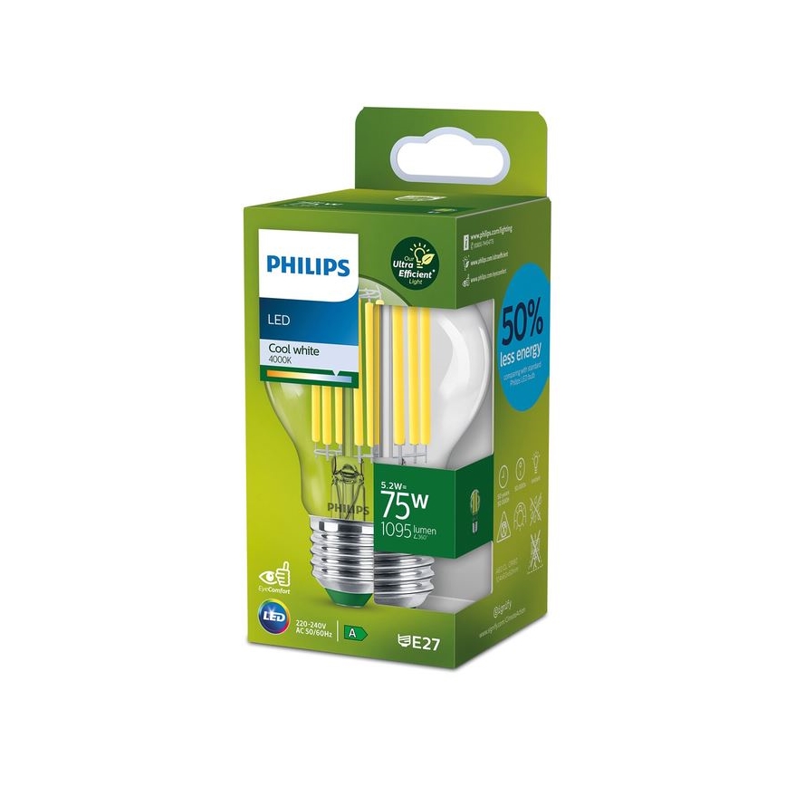 Philips LED-filament izzó A60 E27, 5,2 W, 230 V, 4000 K