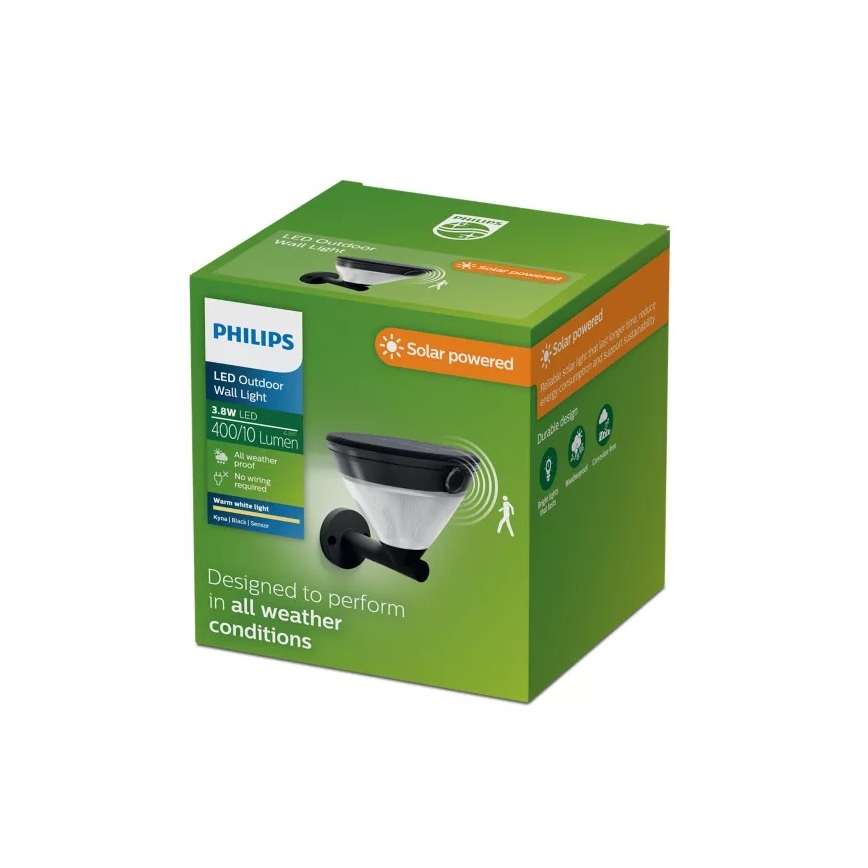 Philips - KYNA LED napelemes fali lámpa érzékelővel 3,8W/3,7V 800 mAh 2700K IP44 fekete