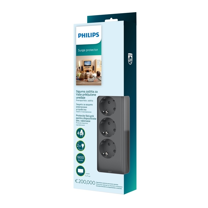 Philips SPN5144A/58 - Túlfeszültség-védelem 4 aljzat, 2 m, szürke