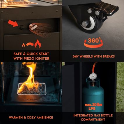 Planika - Kültéri gáz kandalló 142x36 cm 8kW 1xAAA fekete + védőborítás