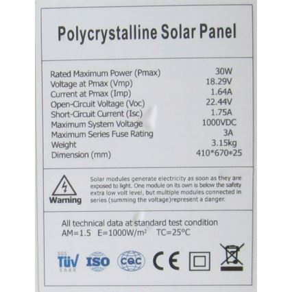 Polikristályos fotovoltaikus napelem 30W/12V