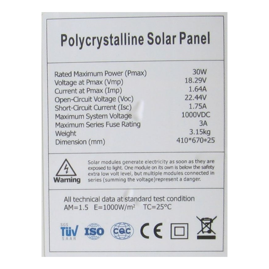 Polikristályos fotovoltaikus napelem 30W/12V