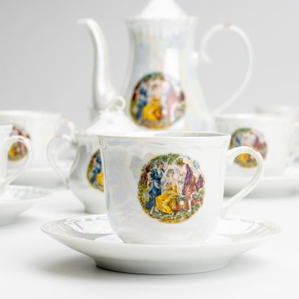 Porcelán tea készlet gyöngyház fehér