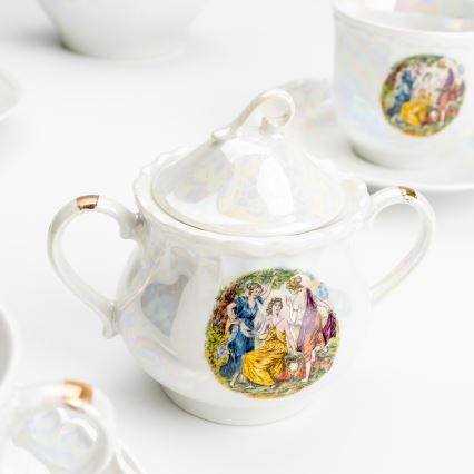 Porcelán tea készlet gyöngyház fehér