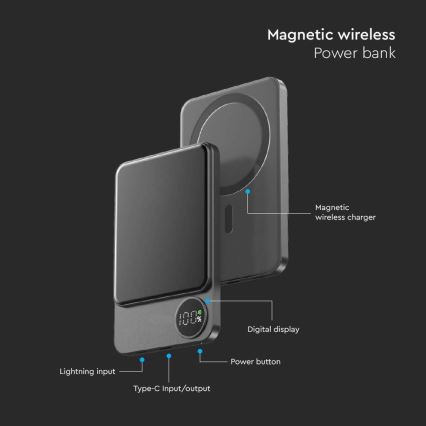 Power Bank kijelzővel és vezeték nélküli töltéssel Power Delivery 10000mAh/20W/5V fekete