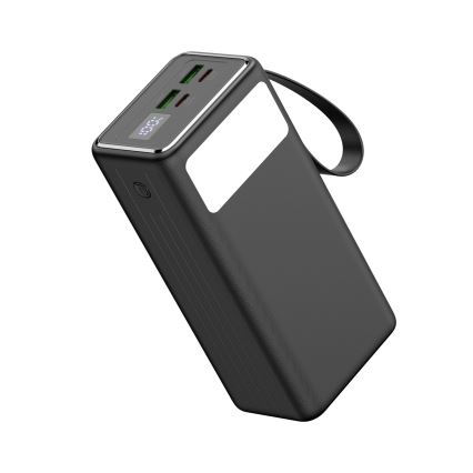 Power Bank 40000 mAh 65W Power Delivery 2xUSB-A + 2xUSB-C LED zseblámpával és 1 m-es USB-C kábellel, fekete