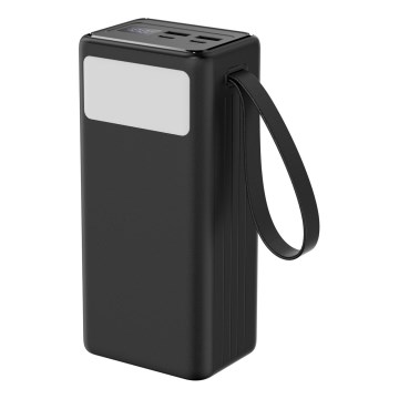 Power Bank 40000 mAh 65W Power Delivery 2xUSB-A + 2xUSB-C LED zseblámpával és 1 m-es USB-C kábellel, fekete