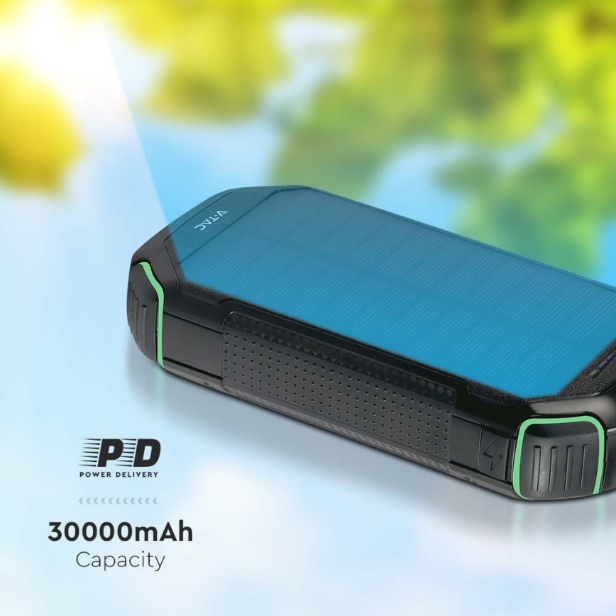 Napelemes power bank beépített lámpával Power Delivery 30000mAh/20W/5V fekete