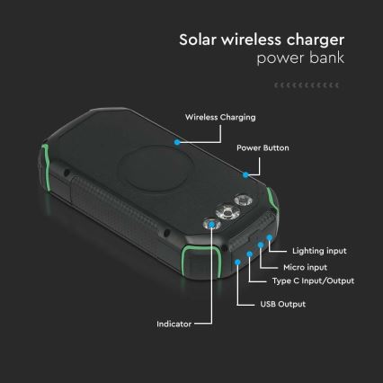 Napelemes power bank beépített lámpával Power Delivery 30000mAh/20W/5V fekete