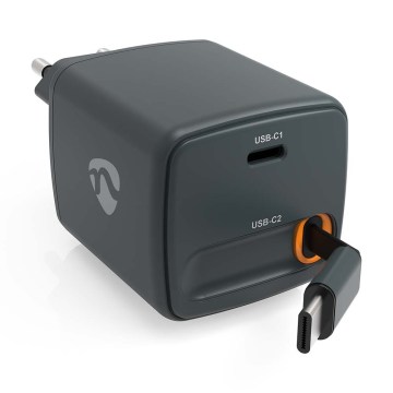 Power Delivery 65W behúzható kábellel rendelkező töltő, 2xUSB-C, fekete