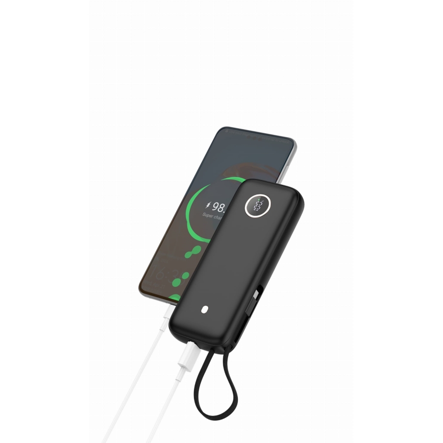 Powerbank 20000 mAh 1xUSB-A + 2xUSB-C 1m USB-kábellel fekete