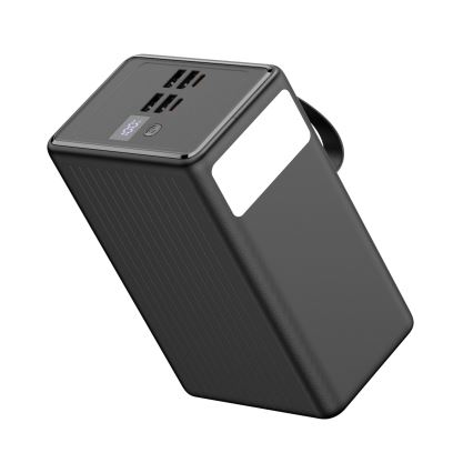 Powerbank 8000 mAh Power Delivery, 4x USB-A + 2x USB-C, beépített LED lámpával és 1 m-es USB-C kábellel, fekete