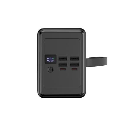 Powerbank 8000 mAh Power Delivery, 4x USB-A + 2x USB-C, beépített LED lámpával és 1 m-es USB-C kábellel, fekete