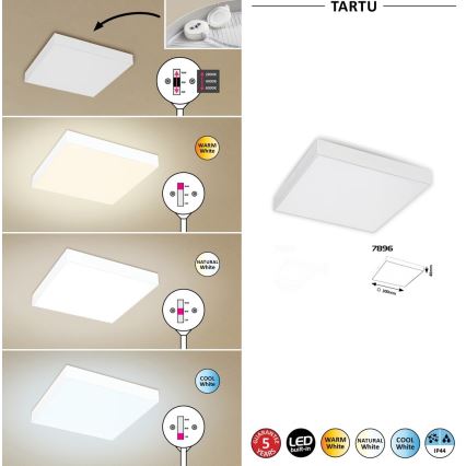 Rabalux - LED mennyezeti lámpatest, 24 W, 230 V, állítható színhőmérséklet 2800–6000 K, IP44, fehér, 30x30 cm