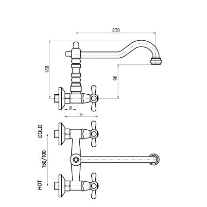 RAV Slezák MK102.5/28SM - MORAVA RETRO mosogató-/mosdócsaptelep 16,8 cm antikolt sárgaréz