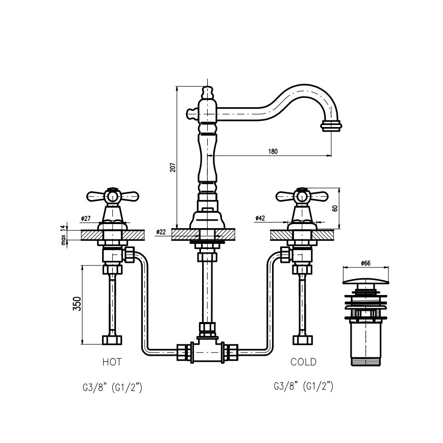 RAV Slezák MK132.0SM - mosdócsaptelep + leeresztőgarnitúra MORAVA RETRO antik sárgaréz