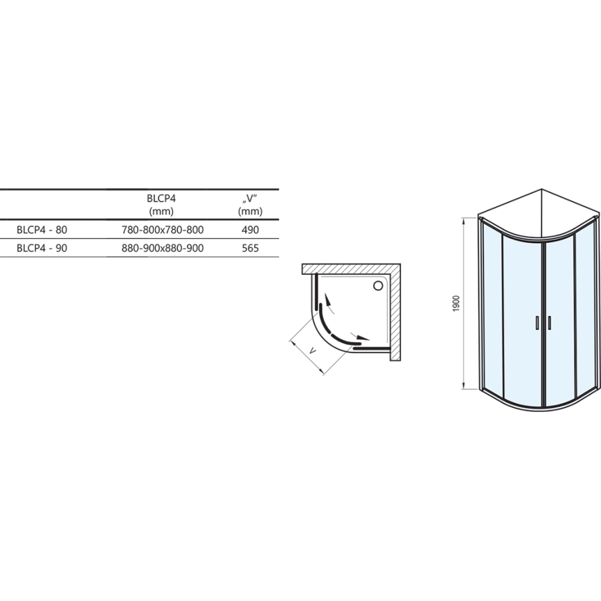 Ravak 3B270100Z1 - Négyrészes negyedköríves BLIX zuhanykabin 90x90 cm fehér