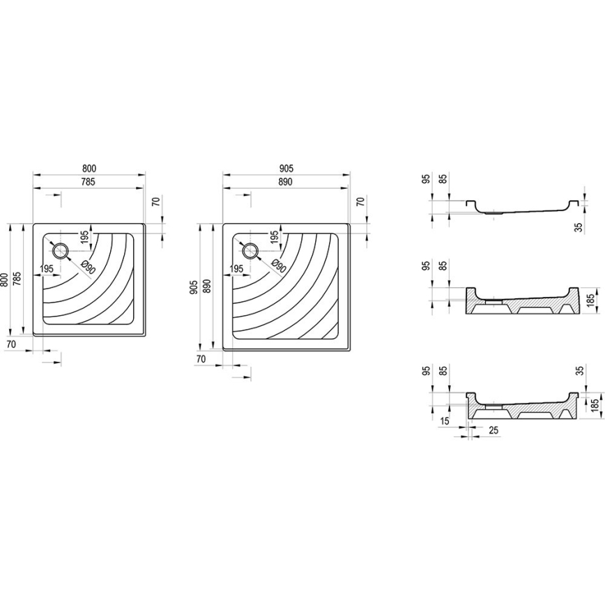 Ravak A007701120 - ANGELA négyzetes zuhanytálca 90×90 cm, fehér