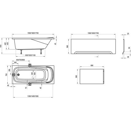 Ravak CO11000000 - Kád VANDA 150x70 cm akril/fényes fehér