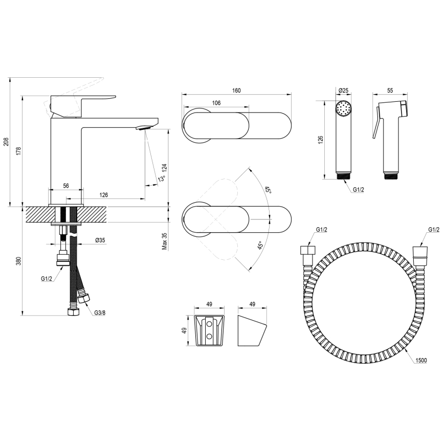 Ravak X070462 - Mosdócsaptelep kézi bidé zuhannyal CHROME fekete