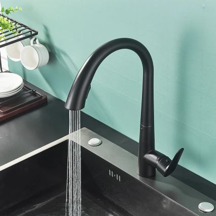 REA-B5313 - ROSS kihúzható zuhanyfejes mosogató csaptelep, 43 cm, fekete