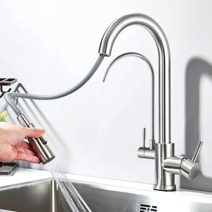 REA-B7563 - ECO FRESH mosogatócsaptelep kihúzható zuhanyfejjel és beépített szűréssel, 37,5 cm, nikkelezett